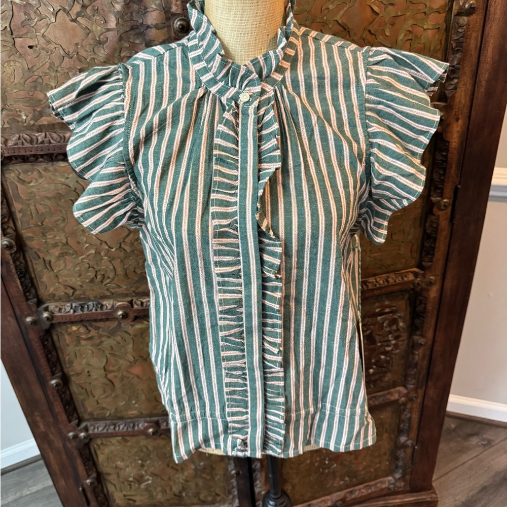 Trovata Bird of Paradise Green and White gold Striped Ruffle Blouse M‎